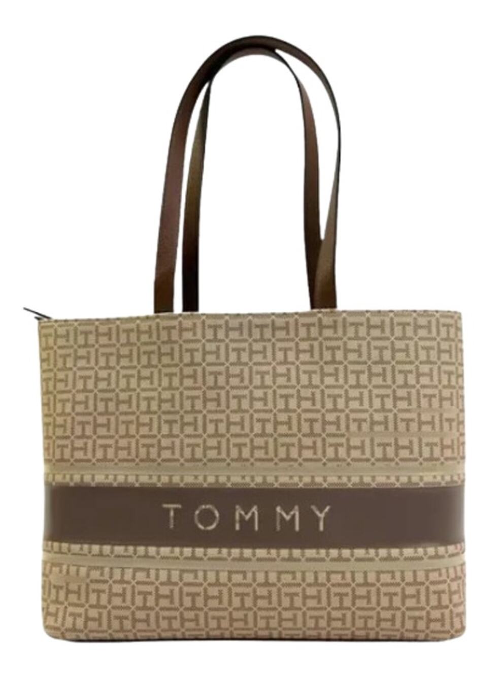 TOMMY HILFIGER Women's Birdie II Tote Coated Square Monogram Tan Brown NWT